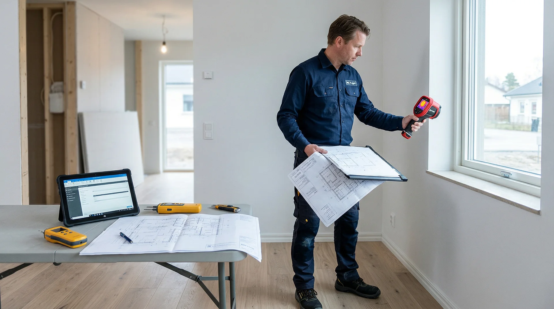Inspektör använder värmekamera och granskar ritningar i nybyggt hus.
