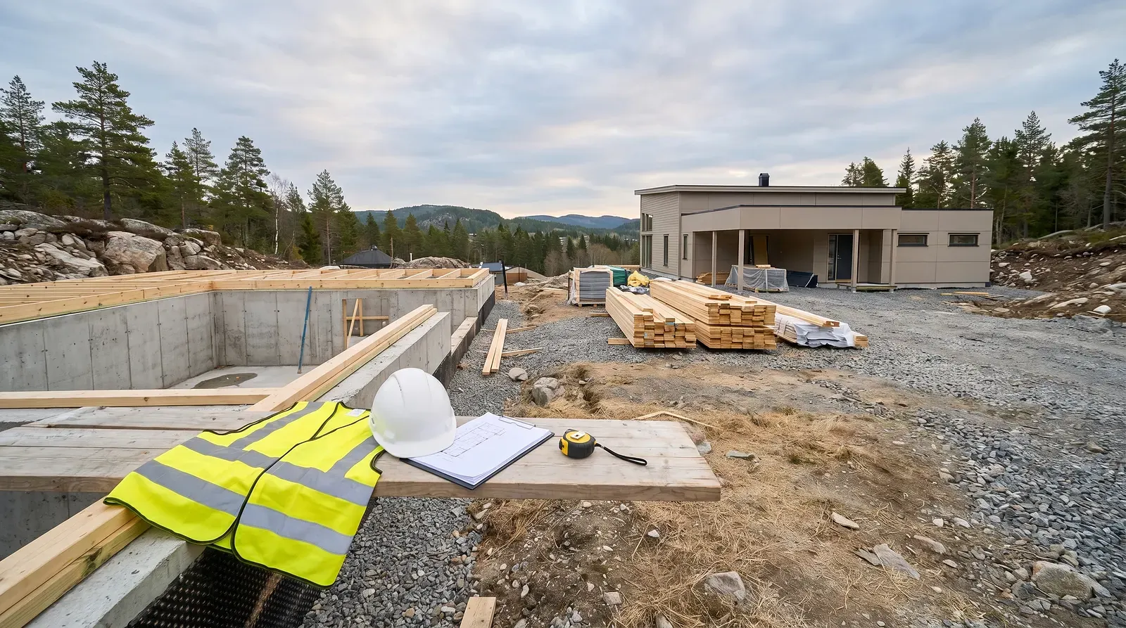 Byggarbetsplats med betonggrund, virke och modern villa i naturskön miljö.