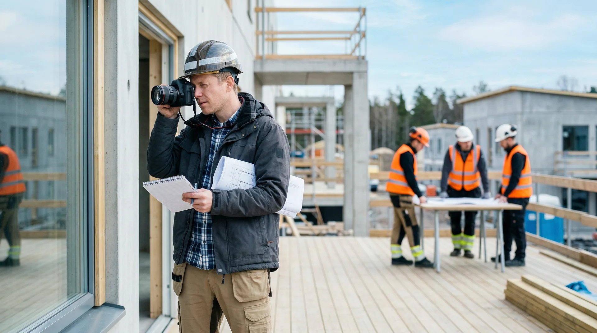 Bygginspektör med kamera och anteckningsblock dokumenterar byggarbetsplats.