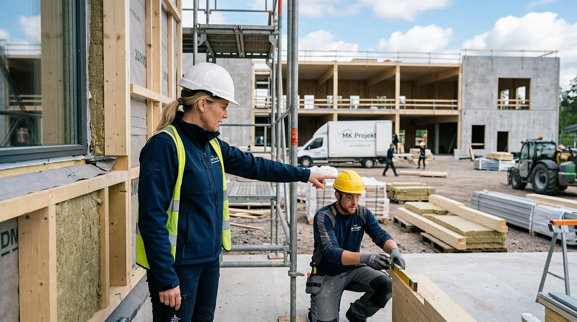 Två byggarbetare i hård hatt arbetar på en byggarbetsplats med träkonstruktioner.