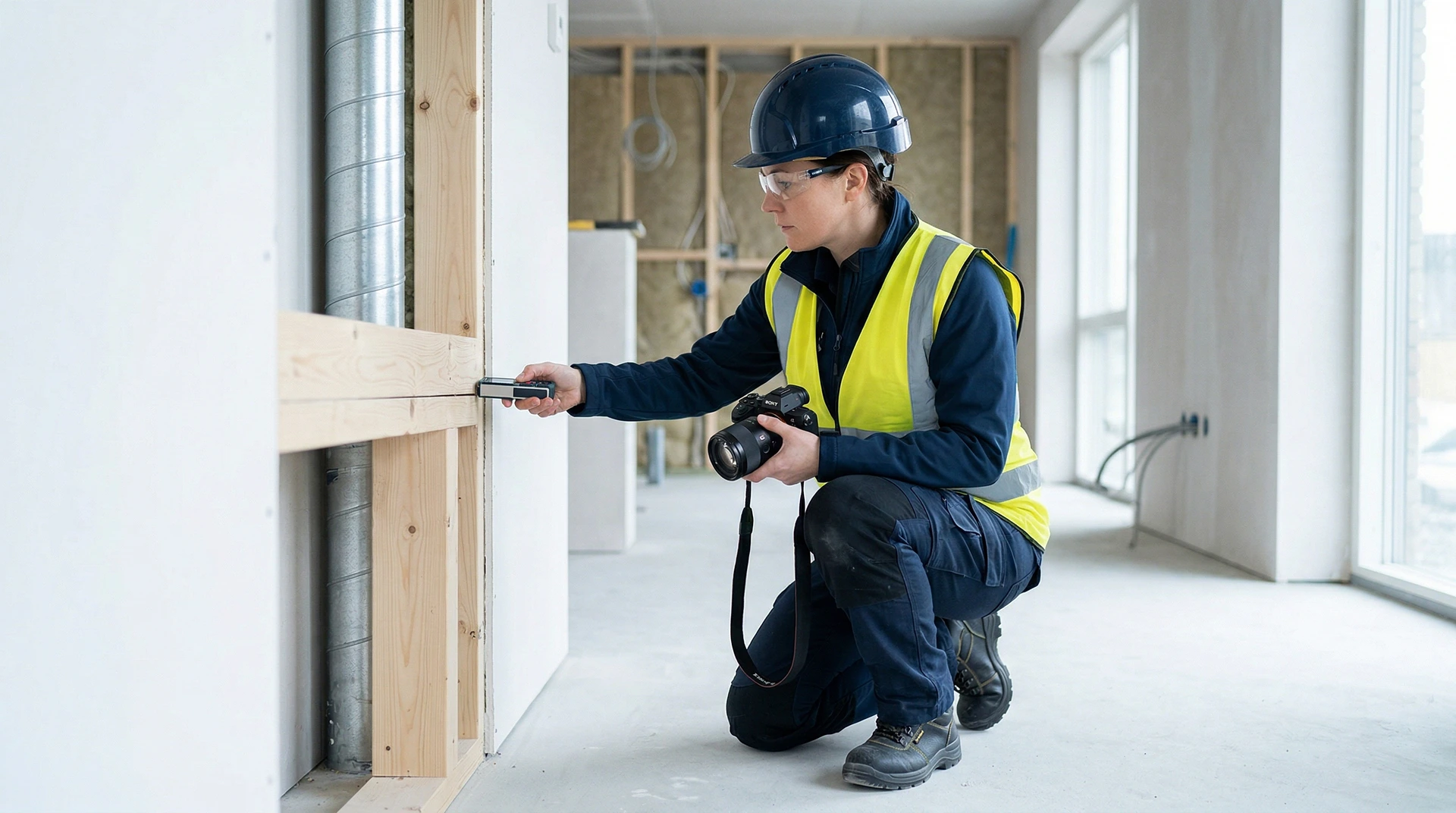 Byggarbetare i skyddshjälm och varselväst inspekterar vägg med kamera på byggarbetsplats.