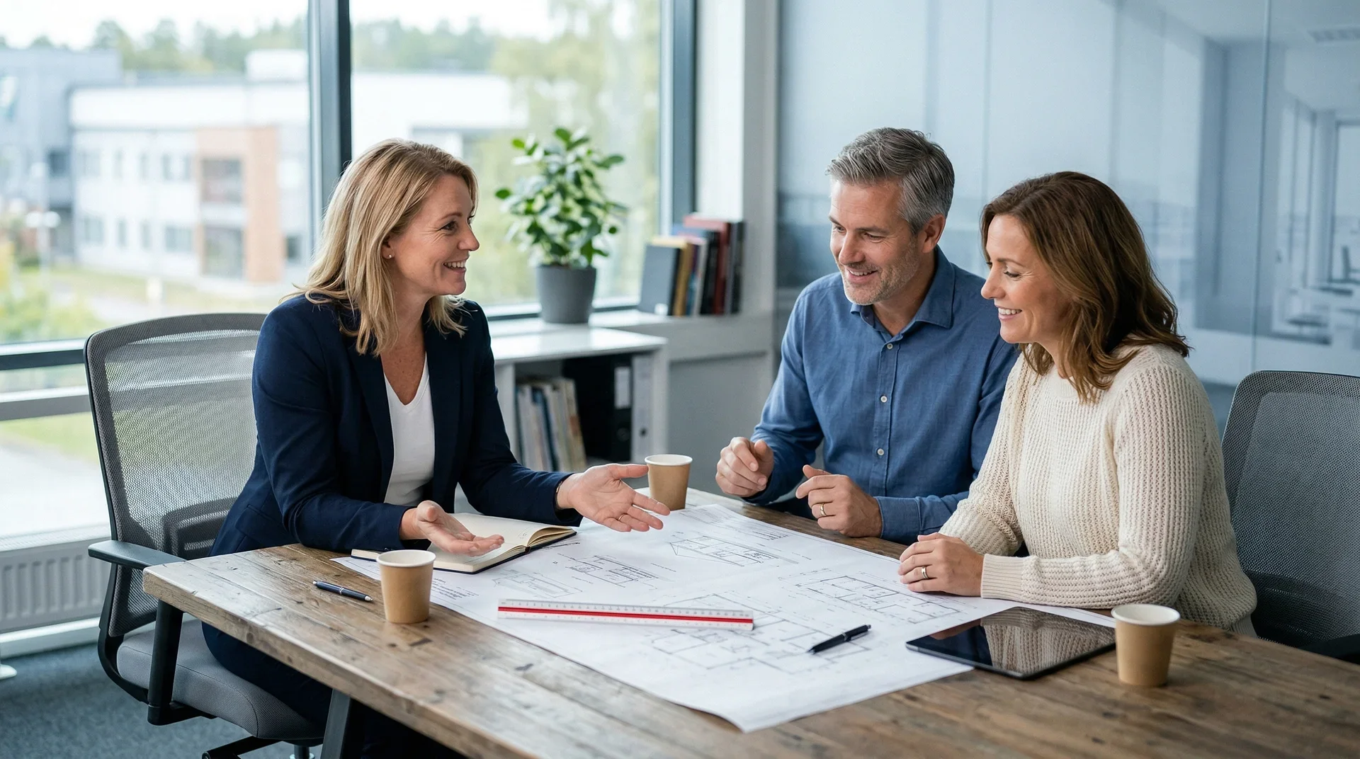 Tre personer diskuterar ritningar vid ett kontorsbord