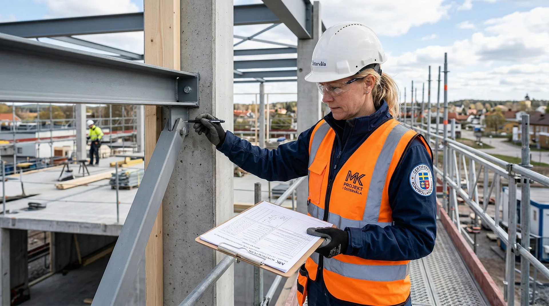 Byggarbetare i säkerhetsväst och hjälm inspekterar konstruktion med checklista.