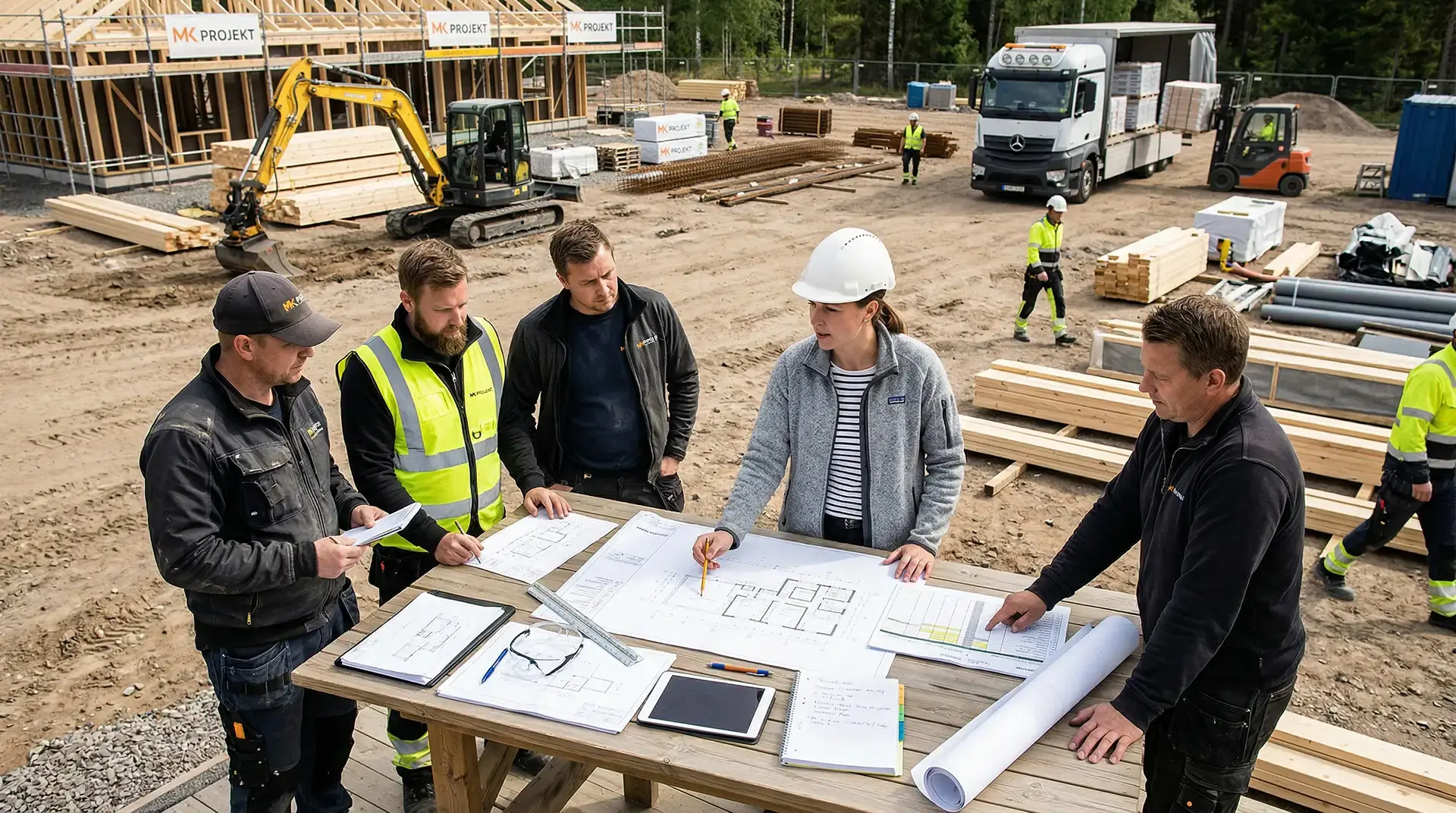 Byggarbetare diskuterar ritningar vid byggarbetsplats med maskiner och material i bakgrunden.