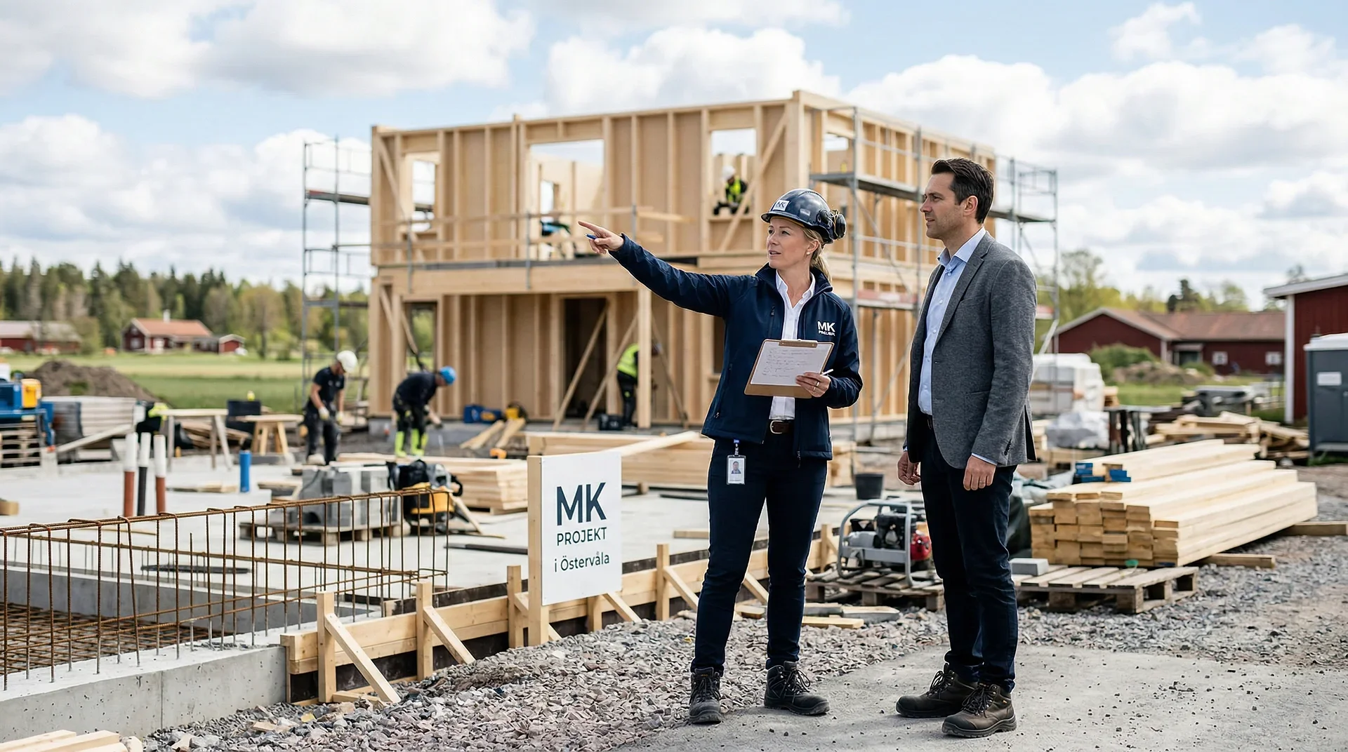 Projektledare visar byggnadsplats för kund vid husbygge i Östervåla