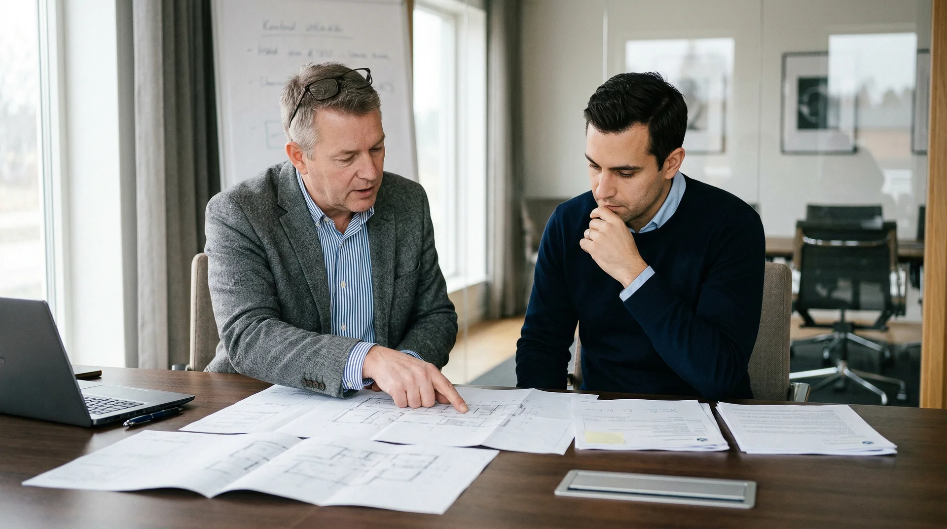 Två män diskuterar dokument och ritningar vid ett skrivbord.