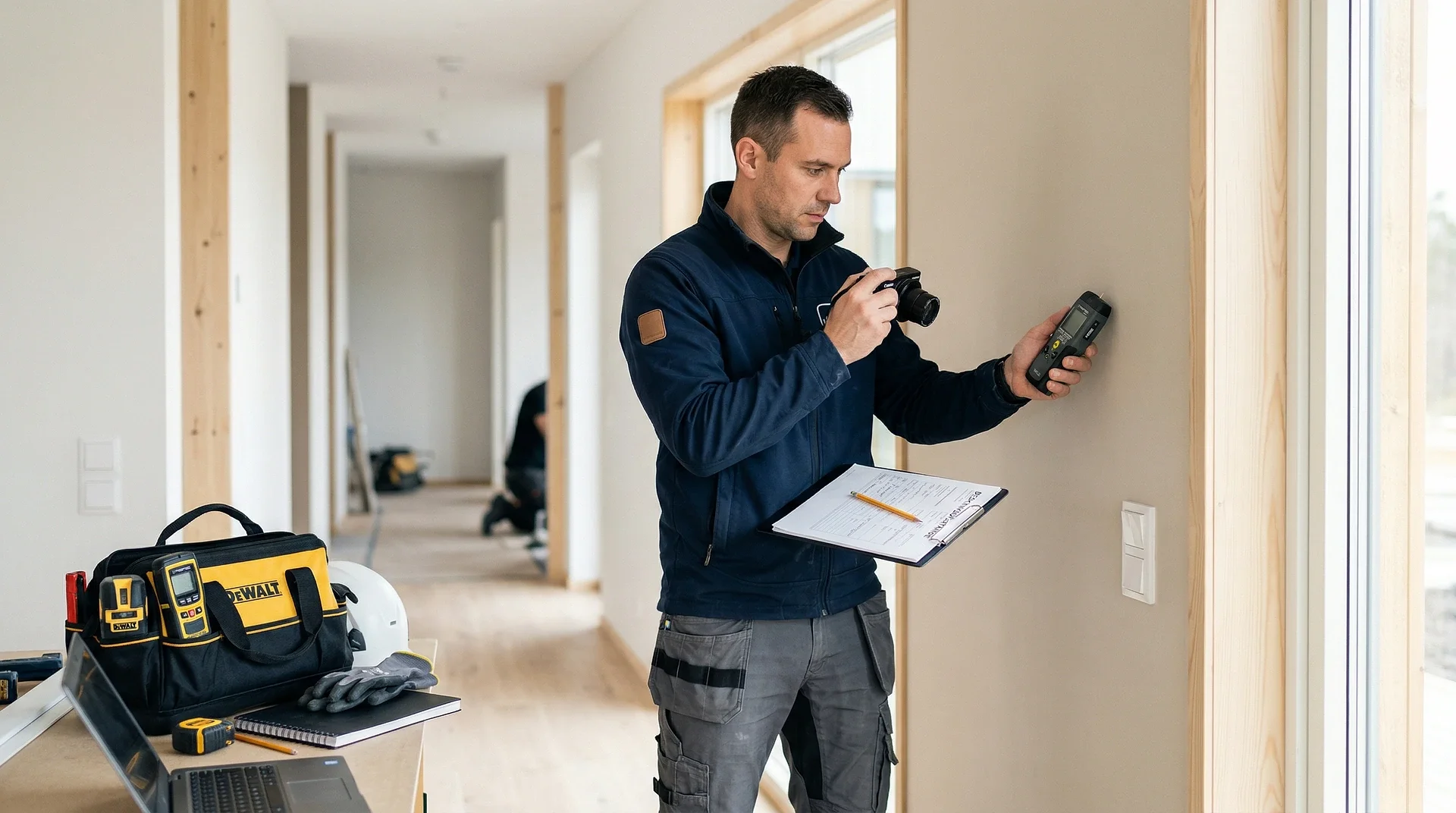 Hantverkare inspekterar vägg med mätverktyg och kamera i nybyggt hus.