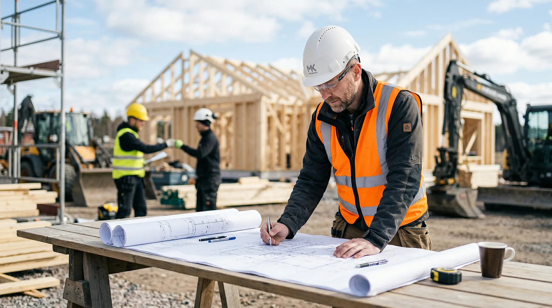 Byggnadsarbetare i hjälm och varselväst granskar ritningar på byggarbetsplats.