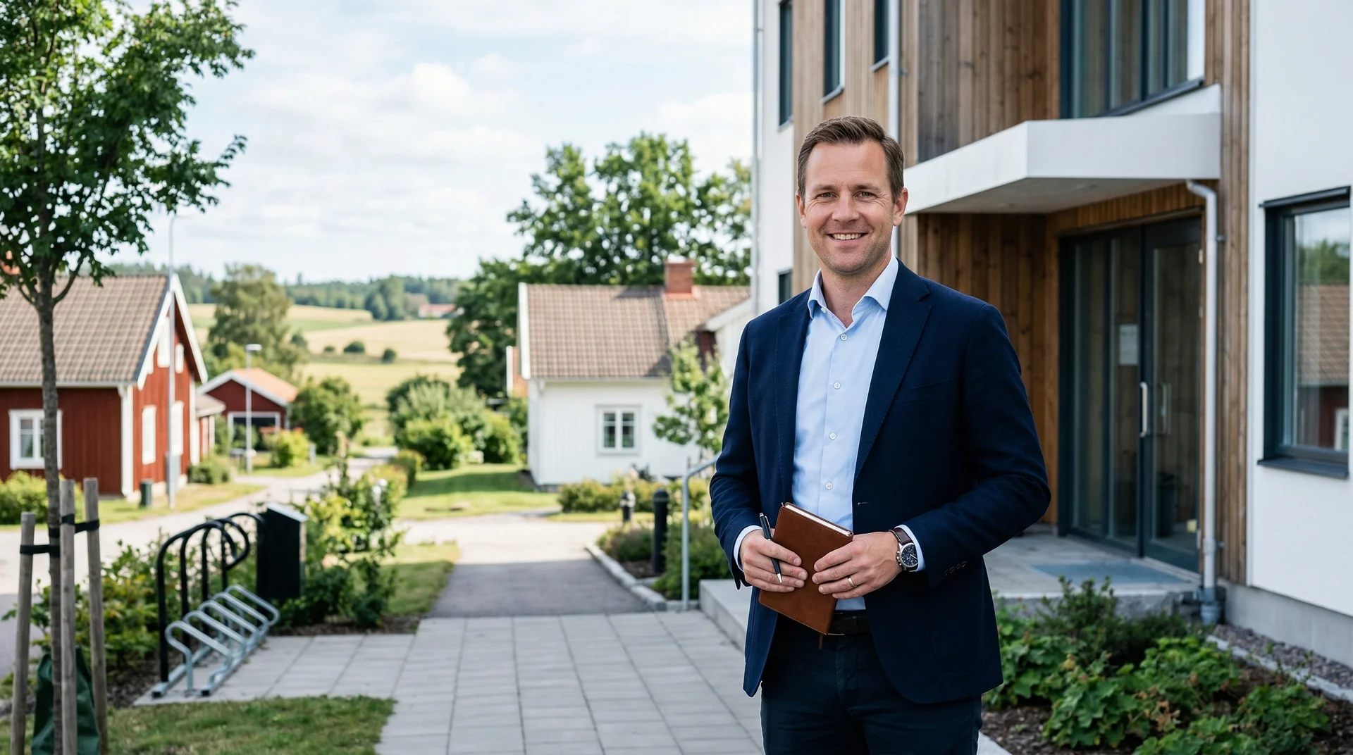 Man i kostym med anteckningsbok står utomhus i bostadsområde