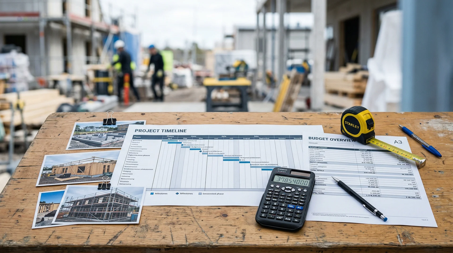 Projektdokument med tidslinje och budget på byggarbetsplats med måttband och räknare.