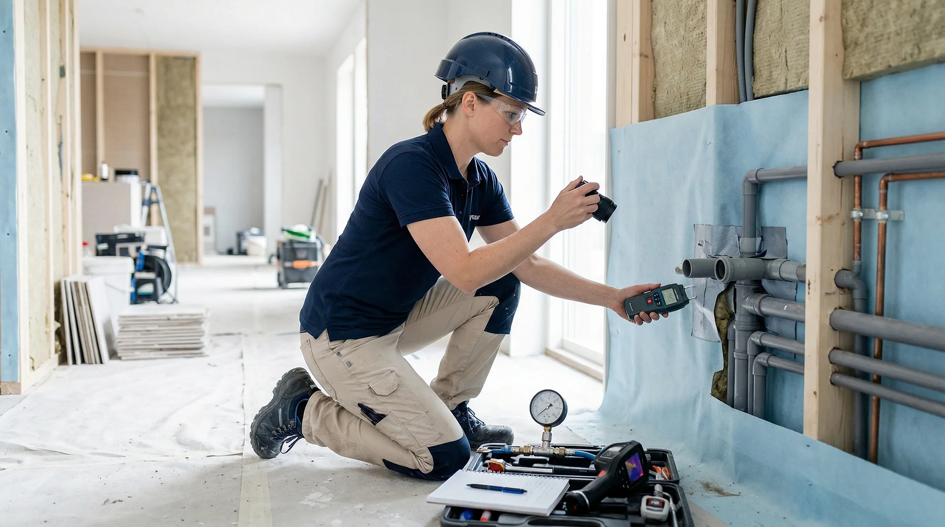 Hantverkare mäter rör med digital mätare vid vägginstallation i byggnation.